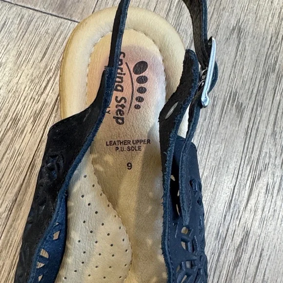 Spring Step Cutwork Wedge Black Peep Toe Slingback Italy Made Sandal Size 9 - Picture 6 of 7